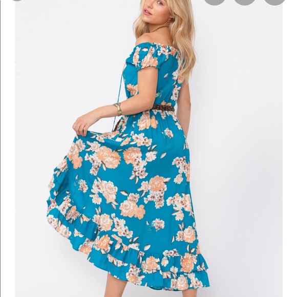 Shyanne Dresses & Skirts - Shyanne Off Shoulder Flower Flowy Blue Dress Boho